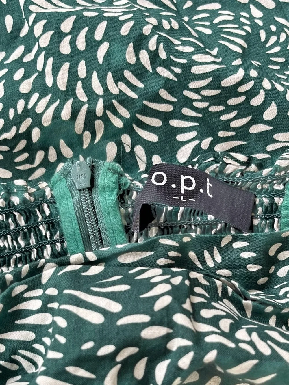 O.p.t Green Cotton Midi Dress L Smocked Back Puff Sleeve Pockets Cottagecore - Picture 7 of 9